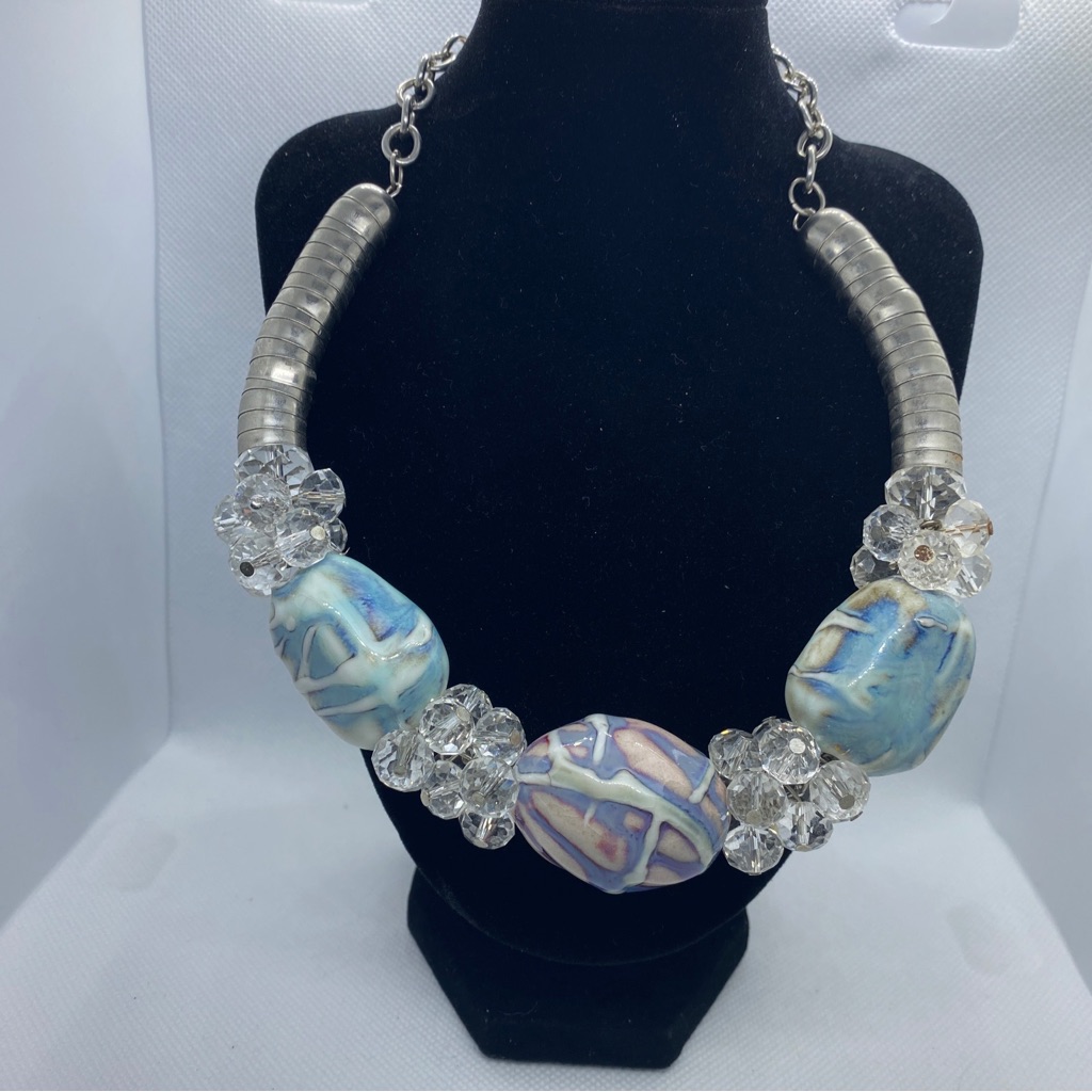 Chunky Statement Necklace Ceramic And Clear Beads Silver Tone Findings. Unique!